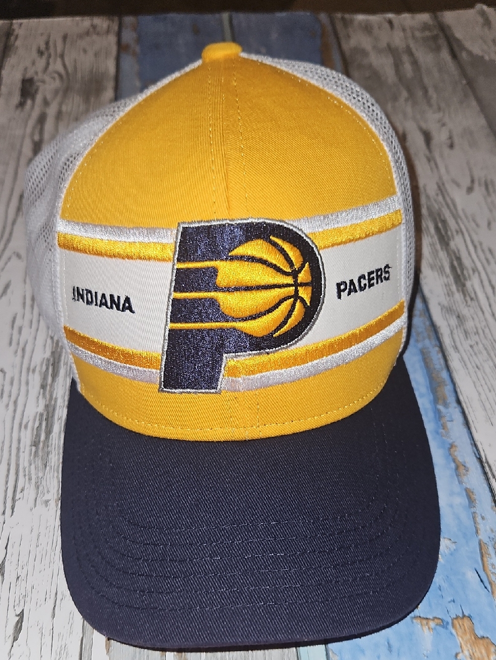 adidas NBA Yellow White Navy Indiana Pacers Logo Trucker Hat